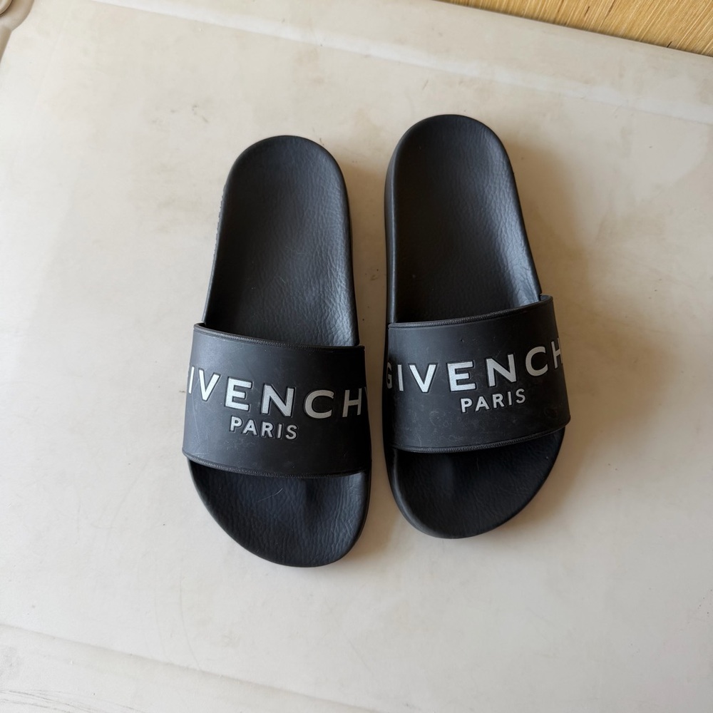 Givenchy Black Logo Slide Sandals with White Lettering
